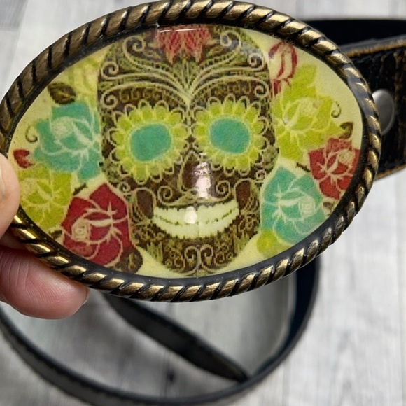 VERA PELLE Belt - “Day of the Dead” Italian Vintage Leather Belt SZ S - Picture 2 of 4